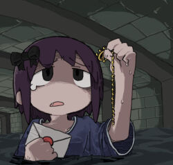 Rule 34 | 1girl, arm up, bags under eyes, black bow, blue shirt, bow, brick wall, chain, envelope, fang, frown, furrowed brow, gold chain, hair bow, hand up, holding, holding chain, holding envelope, jewelry, looking at object, medium hair, open mouth, original, partially submerged, purple hair, raised eyebrows, sewer, shaded face, shirt, short sleeves, solo, tearing up, torosakana, underground, wet, wet clothes, wet shirt