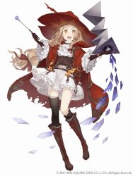 Rule 34 | &gt;:), 1girl, :d, asymmetrical legwear, blonde hair, book, boots, bracelet, cloak, cross-laced footwear, dress, frills, full body, gloves, hat, jewelry, ji no, long hair, looking at viewer, official art, open mouth, orange eyes, red riding hood (sinoalice), single thighhigh, sinoalice, smile, solo, square enix, teeth, thighhighs, torn cloak, torn clothes, uneven legwear, upper teeth only, wand, white background, white dress, witch hat