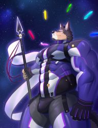 Rule 34 | 1boy, absurdres, alternate pectoral size, animal ears, bara, bodysuit, bulge, chest harness, covered abs, dog boy, dog ears, dog tail, feet out of frame, from side, gohki shiranui, harness, harpoon, highres, holding, holding polearm, holding weapon, large pectorals, live a hero, male focus, muscular, muscular male, pectoral lift, pectorals, polearm, pubraseer (live a hero), purple bodysuit, short hair, sky, smile, solo, star (sky), starry sky, tail, thick thighs, thighs, underbust, weapon, wind