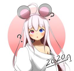 Rule 34 | 1girl, 2020, ?, absurdres, ahoge, animal ears, bare shoulders, blue eyes, blush, chestnut mouth, chinese zodiac, collarbone, commentary request, fang, hairband, heterochromia, highres, idaten93, long hair, long sleeves, looking at viewer, mouse ears, off shoulder, open mouth, original, oversized clothes, oversized shirt, pink background, pink hair, pink hairband, red eyes, ruua (idaten93), shirt, sleeves past fingers, sleeves past wrists, solo, two-tone background, upper body, white background, white shirt, year of the rat