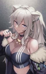 Rule 34 | 1girl, animal ears, bare shoulders, blouse, blurry, breasts, cleavage, crop top, depth of field, earrings, fur-trimmed jacket, fur trim, grey eyes, grey hair, hair between eyes, highres, hololive, jacket, jewelry, large breasts, lion ears, lion girl, long hair, looking at viewer, meme50, multiple rings, necklace, off shoulder, playing with own hair, ring, see-through, see-through cleavage, shirt, shishiro botan, shishiro botan (1st costume), sleeveless, sleeveless shirt, solo, taut clothes, taut shirt, virtual youtuber