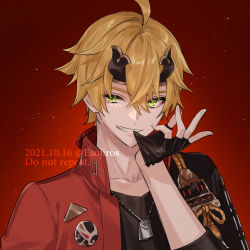 Rule 34 | 1boy, ahoge, amaichi esora, artist name, black gloves, black shirt, blonde hair, collarbone, commentary, crossed bangs, dated, dog tags, eyelashes, fake horns, fingerless gloves, genshin impact, glove pull, gloves, green eyes, grin, hair between eyes, hand up, headband, highres, horned headwear, horns, jacket, looking at viewer, male focus, mouth hold, open clothes, open jacket, red background, red jacket, shirt, sidelocks, sleeves rolled up, smile, solo, tassel, teeth, teeth hold, thoma (genshin impact), twitter username, upper body