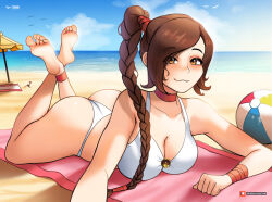 Rule 34 | 1girl, :3, anklet, artist logo, artist name, ass, avatar: the last airbender, avatar legends, ball, bare legs, bare shoulders, barefoot, beach, beach towel, beachball, bikini, bird, blush, braid, braided ponytail, breasts, brown eyes, brown hair, choker, cleavage, closed mouth, cloud, collarbone, crossed ankles, eyelashes, hair tie, high ponytail, highres, horizon, jewelry, large breasts, long hair, looking at viewer, lying, mystyhw, on stomach, paid reward available, patreon logo, patreon username, sand, shiny skin, shore, sky, smile, soles, swimsuit, the pose, thighs, toes, towel, ty lee, watermark, web address, white bikini