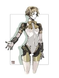 Rule 34 | 1girl, aegis (persona), android, atlus, bad id, bad pixiv id, blonde hair, breasts, futianxingyi (warholx), grey eyes, headphones, heaset, hip focus, joints, kosin3, legs, looking away, md5 mismatch, open hand, persona, persona 3, ribbon, robot, robot joints, short hair, signature, small breasts, smile, solo, standing, thighs