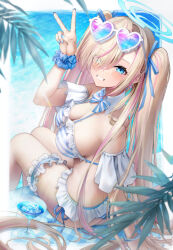 Rule 34 | 1girl, 29hyeon, absurdres, arm support, asuna (blue archive), bare shoulders, bikini, blonde hair, blue-tinted eyewear, blue archive, blue eyes, blue halo, blue nails, blue ribbon, blue scrunchie, blue theme, blush, bow, bowtie, bracelet, breasts, cleavage, commentary, eyes visible through hair, eyewear on head, frilled bikini, frills, gradient-tinted eyewear, hair over one eye, hair ribbon, halo, hand up, heart, heart-shaped eyewear, highres, jewelry, large breasts, long hair, looking at viewer, multicolored hair, pink-tinted eyewear, pink hair, ribbon, scrunchie, side-tie bikini bottom, smile, solo, streaked hair, striped bow, striped bowtie, striped clothes, sunglasses, swimsuit, thigh strap, tinted eyewear, twintails, two-tone bikini, two-tone hair, v, water, white-framed eyewear, wrist scrunchie