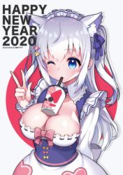 Rule 34 | 1girl, 2020, animal ear fluff, animal ears, apron, between breasts, blue eyes, bow, bow bra, bra, breasts, bubble tea challenge, cleavage, dress, drink, drinking straw, drinking straw in mouth, english text, hair ornament, happy new year, heart, heart hair ornament, highres, large breasts, long sleeves, maid, meme, new year, noripro, object on breast, one eye closed, ribbon-trimmed clothes, ribbon-trimmed dress, ribbon trim, shirayuki mishiro, solo, sosai salada, underwear, upper body, virtual youtuber, w, white apron, wing collar