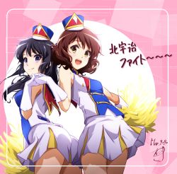 Rule 34 | 2girls, :d, abstract background, ass, bare shoulders, black hair, blue headwear, breasts, brown hair, cheerleader, cowboy shot, dated, elbow gloves, gloves, hibike! euphonium, highres, holding, holding hands, kousaka reina, leaning back, leaning forward, long hair, looking at viewer, looking back, miniskirt, multiple girls, nii manabu, open mouth, oumae kumiko, pom pom (cheerleading), purple eyes, round teeth, short hair, signature, skirt, sleeveless, small breasts, smile, teeth, upper teeth only, white gloves, white skirt, yellow eyes