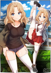 Rule 34 | 1girl, arms up, artist name, black shirt, blonde hair, blouse, blue eyes, blue footwear, blue shorts, blue sky, building, closed mouth, cloud, cloudy sky, collared shirt, commentary, cutoffs, day, denim, denim shorts, girls und panzer, grin, hair intakes, hands on own hips, highres, jacket, kay (girls und panzer), leg hold, leg up, long hair, looking at viewer, m4 sherman, megadeko, military, military vehicle, motor vehicle, multiple views, off shoulder, open clothes, open jacket, outdoors, outline, saunders military uniform, saunders school uniform, school uniform, shirt, shoes, short shorts, shorts, signature, sky, sleeves rolled up, smile, sneakers, split, standing, standing on one leg, standing split, tank, thighhighs, twitter username, white outline, white shirt, white thighhighs