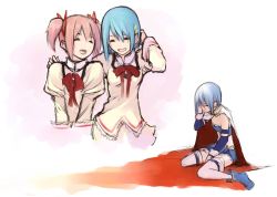 Rule 34 | 10s, 2girls, blue hair, cape, closed eyes, hand on another&#039;s face, hand on own face, hand on shoulder, kaname madoka, koharu nosuke, mahou shoujo madoka magica, mahou shoujo madoka magica (anime), miki sayaka, miki sayaka (magical girl), multiple girls, pink hair, school uniform, short hair, sitting, sketch, smile, thighhighs, twintails, wariza