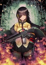 Rule 34 | 1girl, assault rifle, black gloves, black necktie, black skirt, braid, braided ponytail, brown hair, closed mouth, dakunesu, eyepatch, girls&#039; frontline, gloves, gun, hand on weapon, headphones, headphones around neck, highres, holding, holding weapon, jacket, long hair, looking at viewer, m16, m16a1, m16a1 (girls&#039; frontline), mole, mole under eye, multicolored hair, necktie, rifle, shirt, single thighhigh, skirt, solo, standing, thighhighs, weapon, yellow eyes, yellow shirt