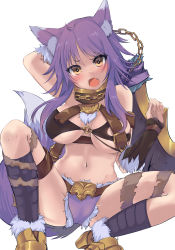 Rule 34 | 1girl, ahoge, akahaneko, animal ear fluff, animal ears, arm behind head, bandages, bare shoulders, belt, breasts, chain, cleavage, collar, crop top, detached sleeves, fang, full body, fur-trimmed legwear, fur-trimmed sleeves, fur trim, highres, large breasts, long hair, makoto (princess connect!), metal collar, midriff, navel, o-ring, open mouth, princess connect!, purple hair, sharp teeth, sidelocks, simple background, solo, squatting, sword, tail, tears, teeth, thigh strap, weapon, white background, wolf ears, wolf girl, wolf tail, yellow eyes