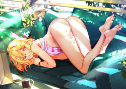 Rule 34 | 1girl, absurdres, ass, bag, bare legs, blonde hair, blue eyes, blue nails, bra, cellphone, couch, cup, feet, finger to mouth, flower, highres, kanojo okarishimasu, light particles, light rays, looking at viewer, mug, nail polish, nanami mami, paper bag, phone, pink bra, plant, shopping bag, short hair, smartphone, tank top, underwear, watch, wristwatch
