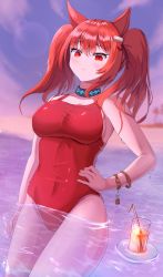 Rule 34 | 1girl, absurdres, angelina (arknights), angelina (summer flower) (arknights), arknights, black collar, blue sky, bracelet, breasts, brown hair, casual one-piece swimsuit, collar, cowboy shot, deriolet, drink, drinking straw, dutch angle, earpiece, female focus, hair between eyes, hand on own hip, highres, infection monitor (arknights), innertube, jewelry, large breasts, long hair, looking at viewer, official alternate costume, one-piece swimsuit, red eyes, sideboob, sky, solo, sunset, swim ring, swimsuit, twintails, unworn armband, wading, water