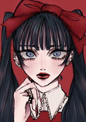 Rule 34 | 1girl, absurdres, black hair, blunt bangs, bow, chijin15, ear piercing, earrings, frilled shirt collar, frills, grey eyes, hair bow, hand up, highres, jewelry, lips, long hair, nail polish, original, piercing, portrait, red background, red bow, red lips, red nails, ring, ringlets, solo, straight-on, twintails