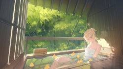 Rule 34 | 1girl, bathing, blonde hair, blush, bucket, commentary, covering privates, hair bun, hair ribbon, hana mori, highres, hololive, kazama iroha, looking at viewer, naked towel, nude cover, onsen, partially submerged, ribbon, rubber duck, sitting, solo, towel, tree, virtual youtuber, water, wet, wet towel, white towel, wooden bucket, wooden floor, wooden wall