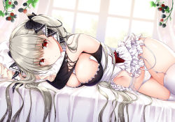 Rule 34 | 1girl, azur lane, bare shoulders, between breasts, black dress, blush, breasts, cleavage, dress, formidable (azur lane), frilled dress, frills, garter belt, grey hair, hair ribbon, indoors, large breasts, long hair, long sleeves, looking at viewer, lying, murasaki (murasakiiro no yoru), navel, on bed, on side, panties, pillow, red eyes, ribbon, rigging, sidelocks, solo, thighhighs, twintails, two-tone dress, two-tone ribbon, underwear, very long hair, white panties, white thighhighs