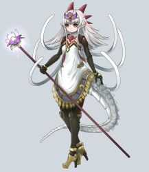 Rule 34 | 1girl, animal ears, dragon tail, full body, grey background, grey hair, holding, holding staff, horns, magatama, medium hair, monster girl, original, red eyes, simple background, solo, staff, standing, tail, togeshiro azami