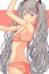 Rule 34 | 1girl, arm up, armpits, ass, back, bad id, bad pixiv id, bikini, blush, breasts, butt crack, cleavage, closed mouth, eyelashes, from behind, grey eyes, grey hair, halterneck, hatsune miku, highres, long hair, looking to the side, orange bikini, outstretched arm, side-tie bikini bottom, sideboob, small breasts, smile, solo, standing, striped bikini, striped clothes, swept bangs, swimsuit, tattoo, twintails, twisted torso, upper body, very long hair, vocaloid, white background, yuusei tsukiro