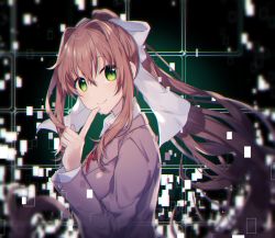 Rule 34 | 1girl, bow, breasts, brown hair, commentary, doki doki literature club, english commentary, finger to mouth, from side, green eyes, hair between eyes, hair bow, hair ornament, highres, jacket, large breasts, long hair, looking at viewer, minamiya mia, monika (doki doki literature club), ponytail, red ribbon, ribbon, school uniform, sidelocks, smile, solo, tears, very long hair, white bow