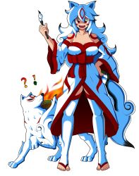 Rule 34 | absurdres, amaterasu (ookami), animal ears, bad id, bad pixiv id, breasts, dual persona, full body, highres, issun, japanese clothes, kurus37, large breasts, ookami (game), personification, red eyes, self-upload, smile, tail, transparent background, white hair, wolf, wolf ears, wolf tail