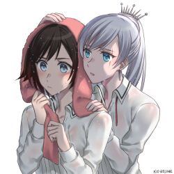 Rule 34 | 2girls, artist name, black hair, blue eyes, blush, earrings, hand on another&#039;s head, hand on another&#039;s shoulder, highres, jewelry, kio rojine, long sleeves, multiple girls, ruby rose, rwby, scar, scar across eye, shirt, short hair, side ponytail, tiara, towel, towel on head, weiss schnee, wet, wet clothes, wet hair, wet shirt, white background, white hair