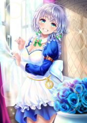 Rule 34 | 1girl, absurdres, apron, bad id, bad twitter id, blue dress, blue eyes, blue flower, blue nails, blue rose, blush, bow, bowtie, braid, breasts, cleavage, commentary request, cowboy shot, curtains, detached sleeves, dress, flower, flower pot, green bow, green bowtie, grin, hair bow, highres, indoors, izayoi sakuya, juliet sleeves, lens flare, long sleeves, looking at viewer, maid, maid apron, medium breasts, nail polish, pocket watch, puffy sleeves, rose, silver hair, smile, solo, sparkle, standing, touhou, twin braids, uemura shun, watch, white apron, window