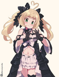 Rule 34 | 1girl, ahoge, bare shoulders, black bow, black dress, black gloves, bow, brown background, brown hair, closed mouth, clothing cutout, detached sleeves, dress, gloves, green eyes, hair bow, head tilt, heart, heart ahoge, heart hands, idolmaster, idolmaster cinderella girls, kuromiya, long hair, long sleeves, navel, navel cutout, one-hour drawing challenge, sato shin, simple background, smile, solo, standing, twintails, twitter username, white dress, wide sleeves