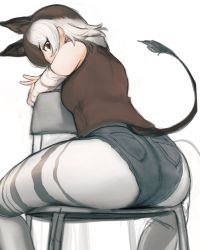 Rule 34 | 1girl, animal ears, animal print, arm rest, ass, ass focus, bare shoulders, brown eyes, brown hair, brown shirt, chair, crossed arms, denim, denim shorts, detached sleeves, extra ears, from behind, grey hair, hand rest, head tilt, kemono friends, leaning forward, pantyhose under shorts, looking at viewer, medium hair, multicolored hair, okapi (kemono friends), okapi ears, okapi tail, pantyhose, pocket, print legwear, print sleeves, print thighhighs, shibori kasu, shirt, short shorts, shorts, sidelocks, sideways glance, simple background, sitting, sketch, solo, spread legs, tail, thighhighs, two-tone hair, v, white background