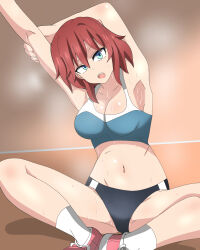 Rule 34 | 1girl, armpits, blue eyes, blue sports bra, blush, breasts, cleavage, collarbone, gym shorts, gym uniform, highres, large breasts, navel, open mouth, original, red hair, short hair, shorts, solo, sports bra, spread legs, stain4, sweat