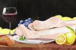 1girl alcohol artist_name barefoot bread cup drinking_glass feet feet_in_food feet_only food foot_focus fruit grapes highres kaneko_lumi lying on_plate phase_connect pupi_(rain_prophet) soles toes wine wine_glass