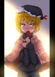 Rule 34 | 1girl, alternate costume, blonde hair, bloom, blush, crescent, hat, heart, kazetto, looking at viewer, lunasa prismriver, pillarboxed, ribbed sweater, short hair, solo, sweater, touhou, valentine, yellow eyes