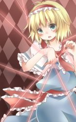Rule 34 | 1girl, alice margatroid, blonde hair, blush, capelet, checkered background, dress, green eyes, hairband, lolita hairband, open mouth, puppet strings, ribbon, sash, short hair, short sleeves, solo, tamichan, touhou