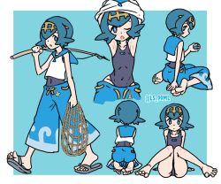 Rule 34 | 1girl, armpits, arms up, barefoot, blue background, blue eyes, blue hair, blush, creatures (company), feet, flip-flops, freckles, from behind, game freak, lana (pokemon), looking back, medium hair, nintendo, open mouth, pokemon, pokemon sm, sandals, simple background, soles, solo, swimsuit, toes, tsukimaru (ls 99ml)