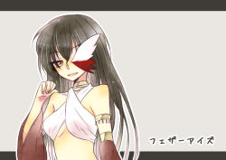 Rule 34 | 1girl, ark kan, armlet, black hair, blush, breasts, brown eyes, commentary request, detached sleeves, grey background, gypsy (ragnarok online), hair between eyes, halterneck, long hair, looking at viewer, medium breasts, one eye covered, open mouth, ragnarok online, red sleeves, solo, translation request, two-tone background, upper body