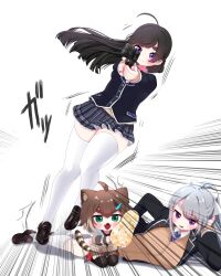 Rule 34 | 3girls, :3, ahoge, aiming, animal ears, black hair, black jacket, black thighhighs, blazer, blue necktie, blunt ends, blush, bow, bowtie, brown cardigan, brown hair, brown hoodie, brown skirt, cardigan, cat ears, cat girl, cat tail, chestnut mouth, chibi, colored tips, commentary request, emphasis lines, falling, fangs, fish hair ornament, floating hair, food, fumino tamaki, grey hair, grey skirt, gun, hair bow, hair ornament, hairclip, half updo, hand on own head, handgun, head rest, highres, higuchi kaede, higuchi kaede (1st costume), holding, holding food, holding gun, holding weapon, hood, hood down, hoodie, jacket, kneehighs, loafers, long hair, long sleeves, lying, miwa (misui7d), multicolored hair, multiple girls, naan bread, necktie, nijisanji, on floor, on side, open clothes, open jacket, oversized food, oversized object, pink bow, pink bowtie, plaid, plaid skirt, pleated skirt, ponytail, purple eyes, reclining, school uniform, shoes, simple background, skirt, smile, socks, tail, thick eyebrows, thick thighs, thighhighs, thighs, tripping, tsukino mito, tsukino mito (1st costume), v-shaped eyebrows, virtual youtuber, weapon, white background, white bow, white socks, white thighhighs