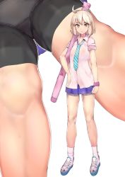 Rule 34 | ahoge, alternate costume, bad id, bad twitter id, bare arms, bare legs, black panties, black shorts, blonde hair, blue skirt, bow, breasts, commentary request, fate (series), full body, hair between eyes, hair bow, highres, holding, looking at viewer, miniskirt, multiple views, necktie, okita souji (fate), okita souji (koha-ace), panties, shirt, shoes, short hair, short sleeves, shorts, sikijou77o, simple background, skirt, sleeves rolled up, small breasts, socks, striped neckwear, underwear, upskirt, white background, white footwear, white legwear, white shirt, wristband, yellow eyes
