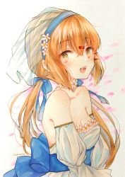 Rule 34 | 1girl, alternate costume, blue ribbon, blush, breasts, brown eyes, brown hair, choker, cleavage, detached sleeves, dress, eyelashes, flower, flower choker, hair between eyes, hair ornament, hair ribbon, hairclip, highres, kantai collection, long hair, looking at viewer, low twintails, marker (medium), open mouth, raymie0124, ribbon, solo, tashkent (kancolle), traditional media, twintails, upper body, veil, wedding dress