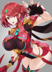 Rule 34 | 1girl, absurdres, armor, armored dress, ass, breasts, earrings, fingerless gloves, gloves, grey background, highres, holding, holding weapon, ippo, jewelry, large breasts, open mouth, pyra (xenoblade), red eyes, red hair, short hair, smile, sword, weapon, xenoblade chronicles (series), xenoblade chronicles 2