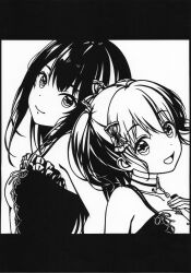Rule 34 | 2girls, absurdres, back-to-back, bare shoulders, bow, closed mouth, collarbone, dot nose, dress, from side, greyscale, hair between eyes, hair bow, hand on own chest, head tilt, highres, idoly pride, kawasaki sakura (idoly pride), letterboxed, long hair, monochrome, moy1124, multiple girls, nagase kotono, open mouth, paper cutout (medium), raised eyebrows, short hair, short twintails, sidelocks, sleeveless, sleeveless dress, smile, twintails, upper body