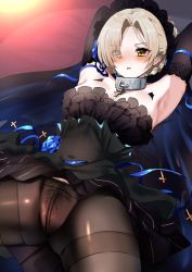 Rule 34 | 1girl, :o, absurdres, armpits, arms behind head, arms up, azur lane, black dress, black gloves, black pantyhose, blue ribbon, blush, braid, braided bun, breasts, cleavage, clothes lift, collarbone, covered navel, dress, dress lift, elbow gloves, eyes visible through hair, female pubic hair, frills, gloves, hair bun, hair ornament, hair over one eye, headdress, highres, large breasts, lying, no panties, on back, open mouth, pantyhose, pubic hair, pussy, ribbon, see-through, sheffield (azur lane), sheffield (black crow&#039;s finery) (azur lane), short hair, sidelocks, sleeveless, sleeveless dress, strapless, strapless dress, take (trude1945oneetyan), thighband pantyhose, thighs, veil, yellow eyes
