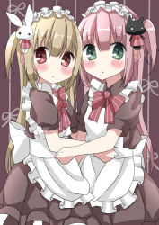 Rule 34 | 2girls, :&lt;, absurdres, apron, blonde hair, blush, bow, brown background, brown dress, rabbit hair ornament, cat hair ornament, commentary request, dress, frilled apron, frilled hairband, frills, green eyes, hair ornament, hairband, hamada pengin, highres, long hair, looking at viewer, looking to the side, maid, maid apron, multiple girls, one side up, original, parted lips, pink hair, puffy short sleeves, puffy sleeves, red bow, red eyes, short sleeves, simple background, striped, striped background, striped bow, triangle mouth, vertical stripes, very long hair, white apron