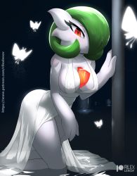 Rule 34 | 1girl, artist name, bare shoulders, blush, bob cut, breasts, closed mouth, collarbone, colored skin, covered erect nipples, creatures (company), dress, female focus, game freak, gardevoir, gen 3 pokemon, gen 7 pokemon, green hair, hair over one eye, hand up, highres, kneeling, lamppost, large breasts, leaning forward, looking at viewer, night, nintendo, nipples, one eye covered, outdoors, partially submerged, patreon logo, patreon username, pokemon, pokemon (creature), pole, red eyes, ribombee, rilex lenov, ripples, see-through, short hair, silhouette, sleeveless, sleeveless dress, solo focus, water, watermark, web address, white dress, white skin