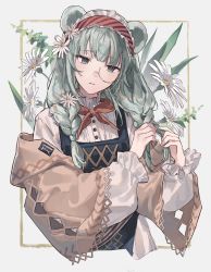 Rule 34 | 1girl, absurdres, animal ears, arknights, bear ears, bear girl, blue eyes, blue hair, blue overalls, braid, brown cardigan, cardigan, cropped torso, flower, frilled hairband, frills, hair flower, hair ornament, hairband, highres, istina (arknights), istina (bibliosmia) (arknights), long hair, looking at viewer, monocle, neckerchief, off shoulder, official alternate costume, open cardigan, open clothes, orange neckerchief, overalls, parted lips, red hairband, ryat, shirt, solo, striped clothes, striped hairband, twin braids, tying hair, upper body, white flower, white shirt