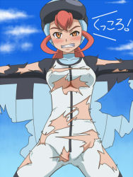 Rule 34 | 1girl, awa, blush, bodysuit, breasts, brown eyes, covered erect nipples, flying, goggles, goggles on head, nami (pokemon), outstretched arms, pokemon, pokemon (anime), pussy, pussy peek, red hair, sky trainer (pokemon), torn bodysuit, torn clothes, uncensored, wingsuit
