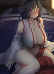 Rule 34 | 1girl, black hair, blush, breasts, cleavage, collarbone, commentary, detached sleeves, full-face blush, futon, highres, huge breasts, japanese clothes, kantai collection, konoshige (ryuun), looking at viewer, no bra, no panties, partially undressed, pillow, red eyes, short hair, sitting, skirt, skirt around one leg, solo, yamashiro (kancolle)