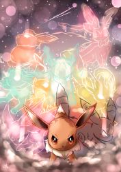 Rule 34 | autobottesla, bow, brown eyes, creatures (company), eevee, espeon, flareon, full body, game freak, gen 1 pokemon, gen 2 pokemon, gen 4 pokemon, gen 6 pokemon, glaceon, glowing, glowing eyes, highres, jolteon, leafeon, light particles, looking at viewer, nintendo, no humans, pokemon, pokemon (creature), serious, signature, smile, standing, sylveon, umbreon, vaporeon