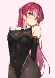 Rule 34 | 1girl, :o, absurdres, bare shoulders, black gloves, black leotard, black pantyhose, blush, breasts, brooch, cleavage, collar, colored inner hair, commentary, covered navel, crossed bangs, elbow gloves, gloves, hand on own chest, heterochromia, highres, hololive, houshou marine, houshou marine (marching band), impossible clothes, impossible leotard, jewelry, komasi, lace-trimmed leotard, lace trim, leotard, long hair, looking at viewer, medium breasts, multicolored hair, pantyhose, pink background, puckered lips, purple hair, red eyes, red hair, see-through, see-through cleavage, sleeveless, solo, streaked hair, symbol-only commentary, two-tone hair, very long hair, virtual youtuber, white collar, yellow eyes