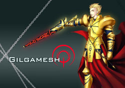 Rule 34 | 1boy, armor, blonde hair, chain, character name, command spell, ea (fate/stay night), earrings, fate/stay night, fate/zero, fate (series), gilgamesh (fate), highres, jewelry, lamar1987, male focus, red eyes, solo, sword, weapon