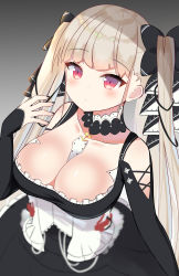 Rule 34 | 1girl, azur lane, bare shoulders, between breasts, black dress, black nails, blonde hair, bow, breasts, collar, corset, detached sleeves, dress, formidable (azur lane), frilled collar, frilled corset, frilled dress, frills, gradient background, hair bow, hair ornament, hair ribbon, hand up, highres, jewelry, kawaiipony2, large breasts, nail polish, necklace, red eyes, ribbon, solo, twintails, upper body