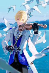 Rule 34 | 1boy, bird, black gloves, black pants, blonde hair, blue vest, bow (music), closed mouth, coat, cowboy shot, day, dove, earrings, flying, forever 7th capital, formal, gloves, hair between eyes, highres, holding, holding instrument, instrument, jewelry, light smile, lirseven, long coat, long sleeves, looking at viewer, male focus, music, necktie, outdoors, pants, playing instrument, shirt, short hair, single earring, smile, solo, standing, vest, violin, water, white coat, white necktie, white shirt, yellow eyes, yukiri (forever 7th capital)